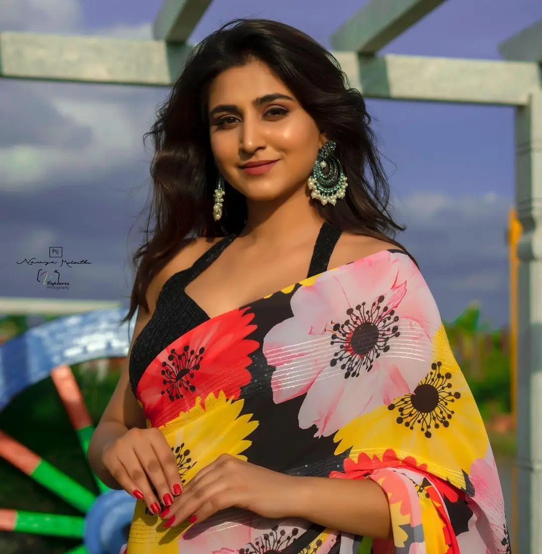 Varshini Sounderajan Wearing Yellow Saree Black Sleeveless Blouse